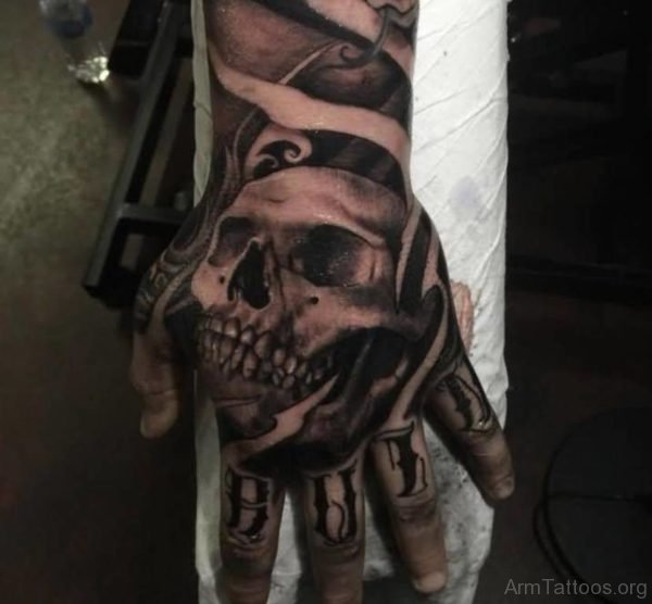 Black And Grey 3D Horror Skull Tattoo On Hand