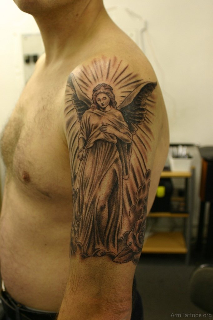 Black And Grey Angel Tattoo On Arm
