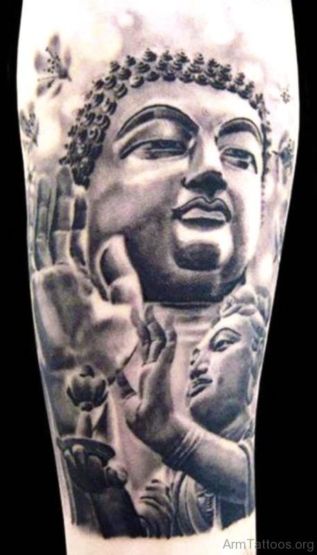 Black And Grey Buddha Tattoo Full Sleeve 