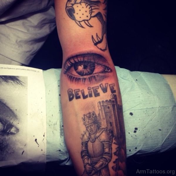 Black And Grey Eye Tattoo On Forearm 