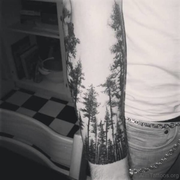 Black And Grey Forest Tree Tattoo