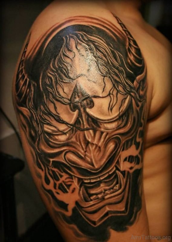 Black And Grey Hannya Tattoo On Arm 