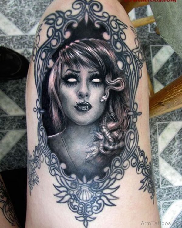 Black And Grey Horror Medusa In Frame Tattoo Design