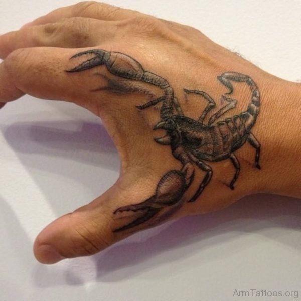 Black And Grey Scorpion Tattoo On Hand
