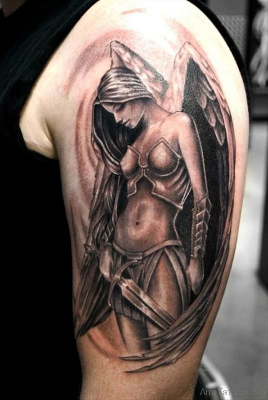 Black And Grey Warrior Girl Tattoo