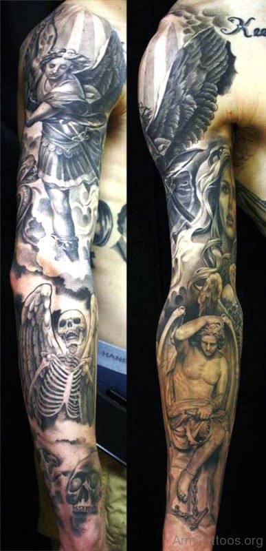 Black Angel And Skull Tattoo On Arm 