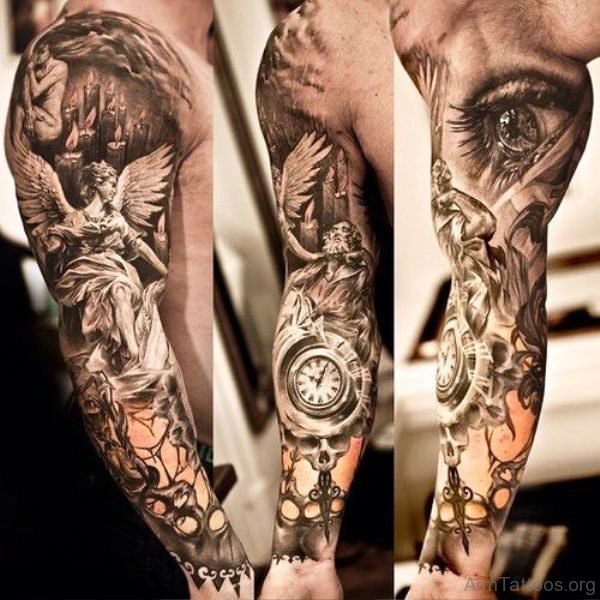 Black Angel With Clock Tattoo On Arm 