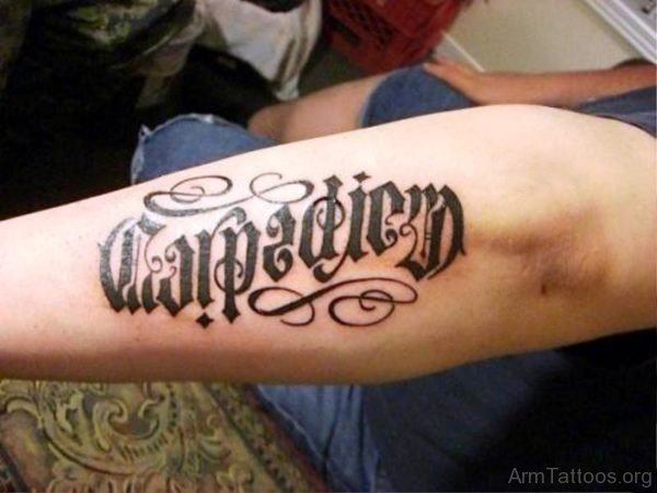 Black Carpe Diem Ambigram Tattoo On Arm.jp 