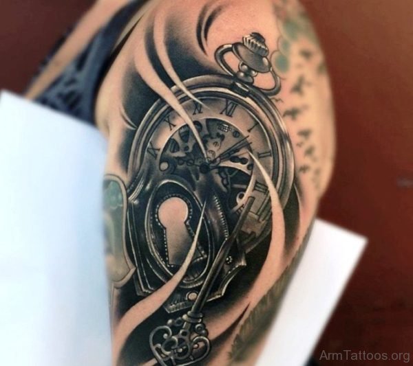 Black Clock Tattoo On Arm 