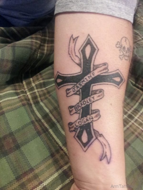 Black Cross Banner Tattoos On Lower Arm