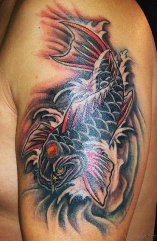 Black Fish Tattoo On Left Shoulder 