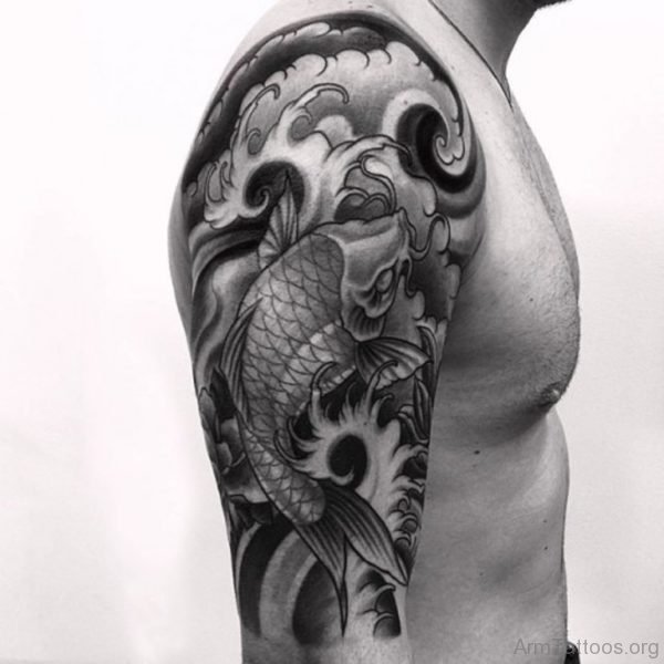 Black Fish Tattoo On Right Shoulder 