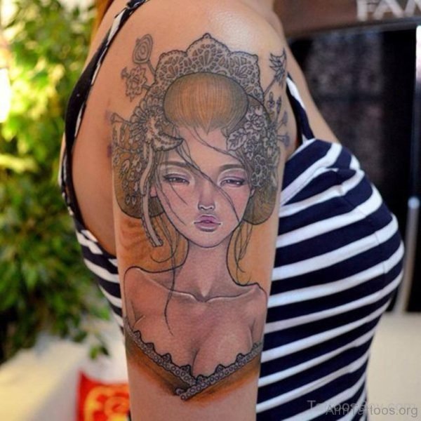 Black Geisha Girl Tattoo On Arm 