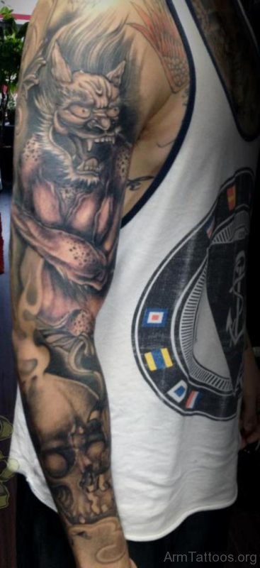 Black Grey Asian Traditional Full Sleeve Tattoo 