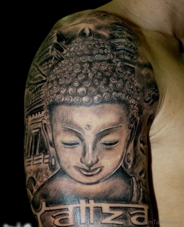 Black Ink Buddha Tattoo On Shoulder