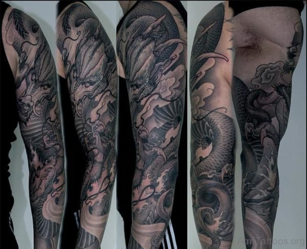 Black Ink Dragon Tattoo Design For Arm