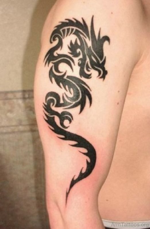 Black Ink Dragon Tattoo On Shoulder