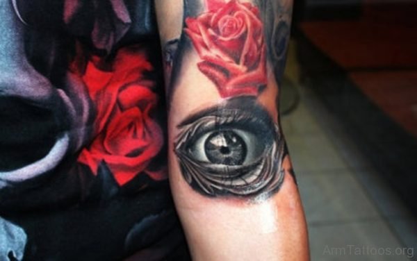 Black Ink Eye With Rose Tattoo 