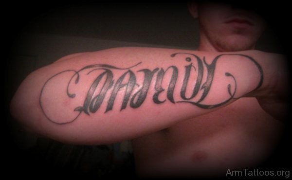 Black Ink Family Ambigram Tattoo On Right Arm