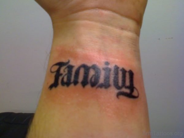 Black Ink Family Ambigram Tattoo On Wrist