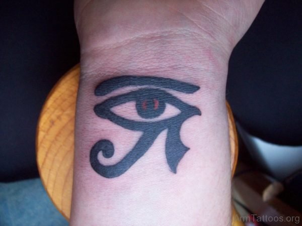 Black Ink Horus Eye Tattoo On Right Wrist