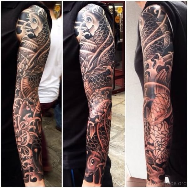 Black Ink Japanese Koi Fishes Tattoo On Full Sleeve