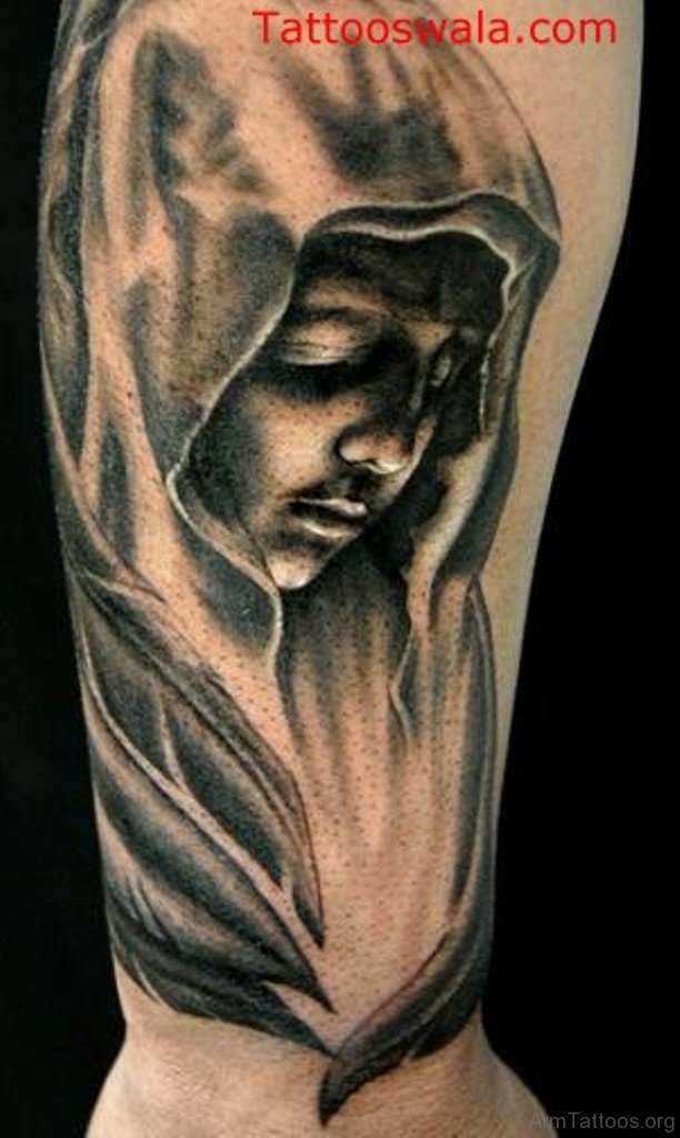 Black Ink Sad Angel Tattoo Design On Arm