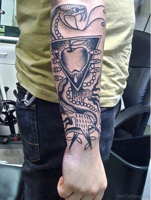 Black Ink Snake And Apple Tattoo 