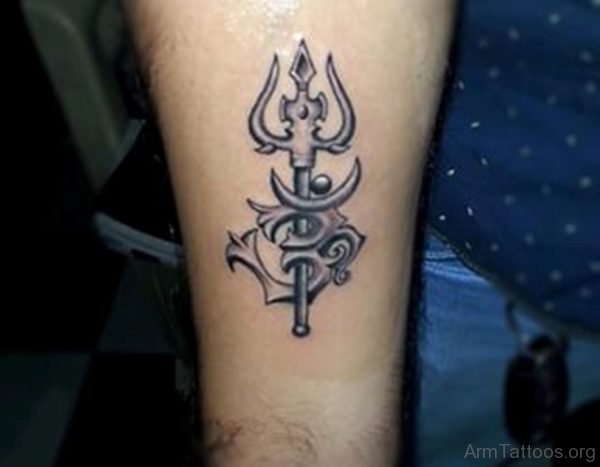 Black Ink Trishul With Om Tattoo On Forearm