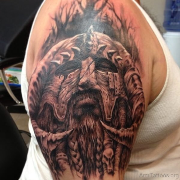 Black Ink Warrior Tattoo For Shoulder