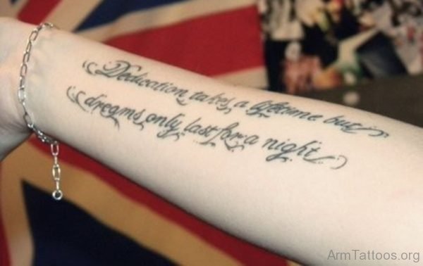 Black Ink Wording Tattoo Design On Arm