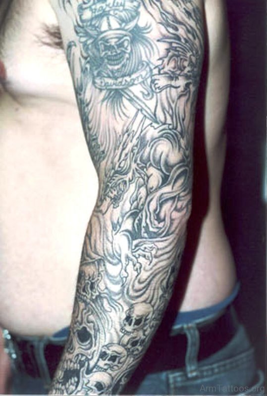 Black Outline Dragon Tattoo On Arm 