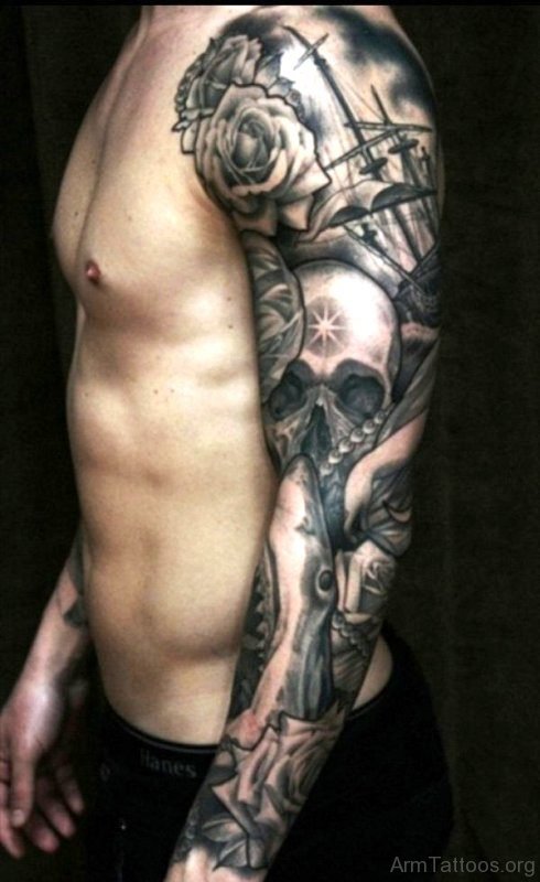 Black Rose With Skull Tattoo On Arm 