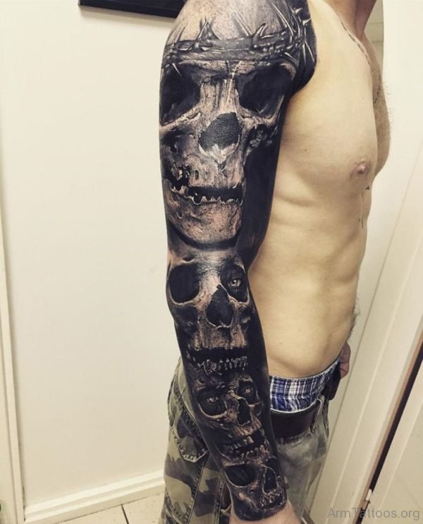 Black Skull Tattoo On Full Sleeve