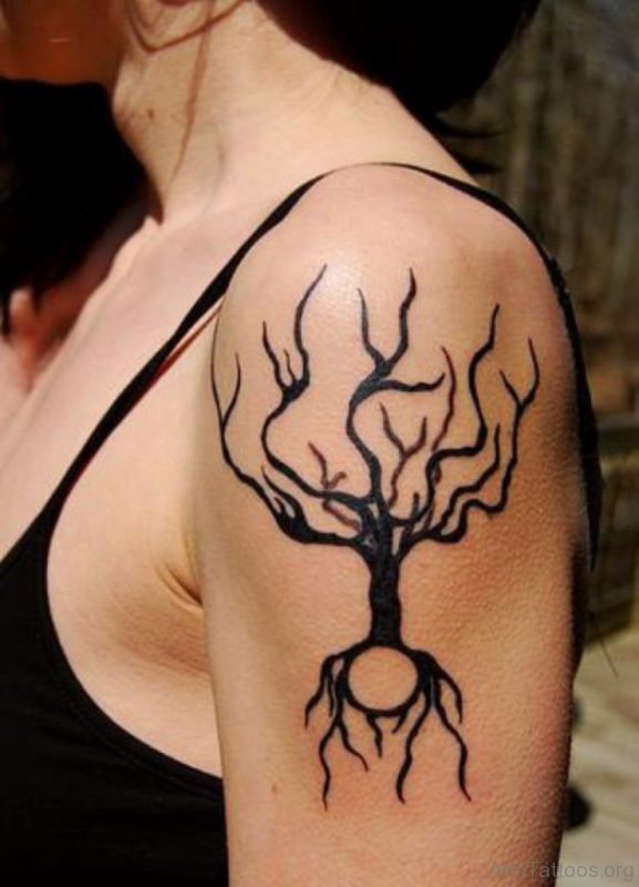 Black Tree Tattoo On Shoulder