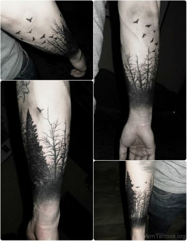 Black Trees With Birds Tattoo Design 