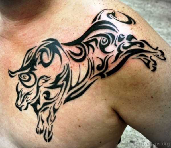 Black Tribal Bull Tattoo On Shoulder 