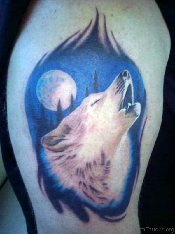 Black Wolf With Blue Eyes Tattoo On Shoulder