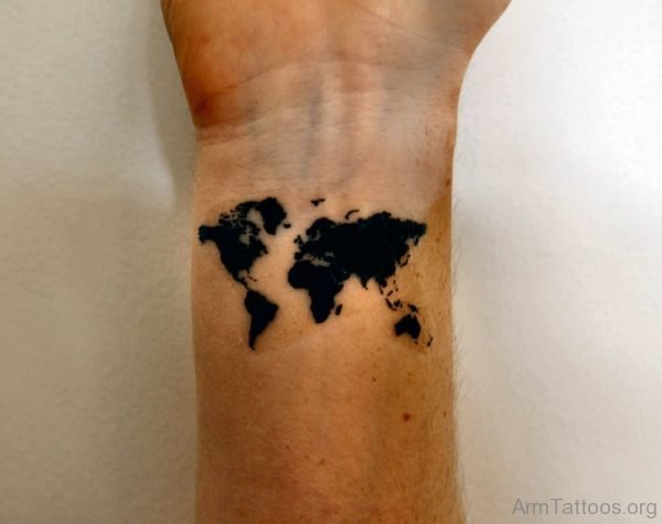 Black World Map Tattoo On Wrist