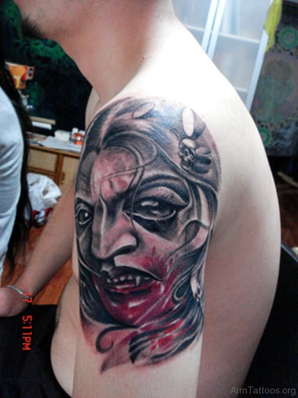 Bleeding Girl Mask Tattoo For Arm 