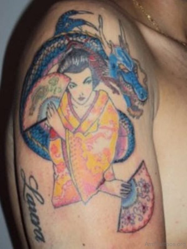 Blue Dragon n Geisha Tattoo On Right Arm 