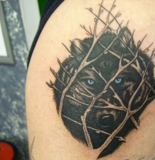 Blue Eyed Wolf Tattoo On Shoulder