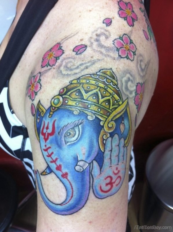 Blue Ganesha Tattoo On Shoulder