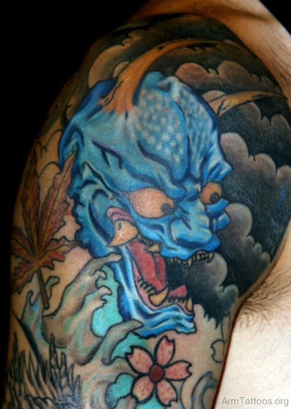 Blue Hannya Mask Tattoo On Arm 
