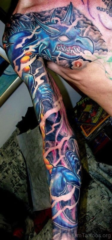 Blue Ink Dragon Tattoo Design On Arm