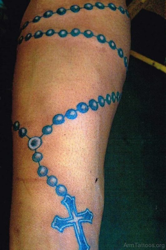 Blue Rosary Beads Tattoo On Arm