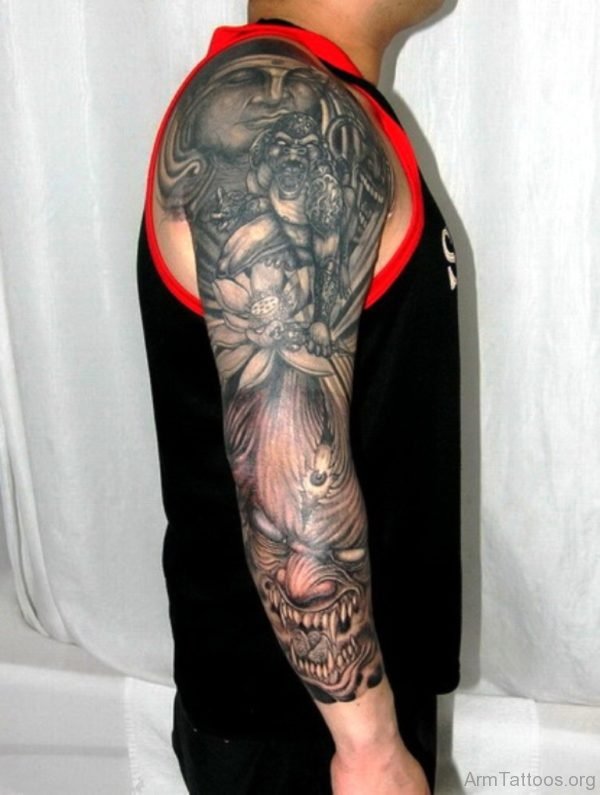 Buddha And Devil Sleeve Tattoo 