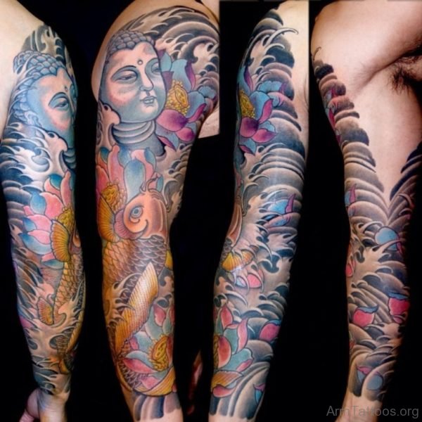 Buddha And Fish Tattoo On Full Sleeve