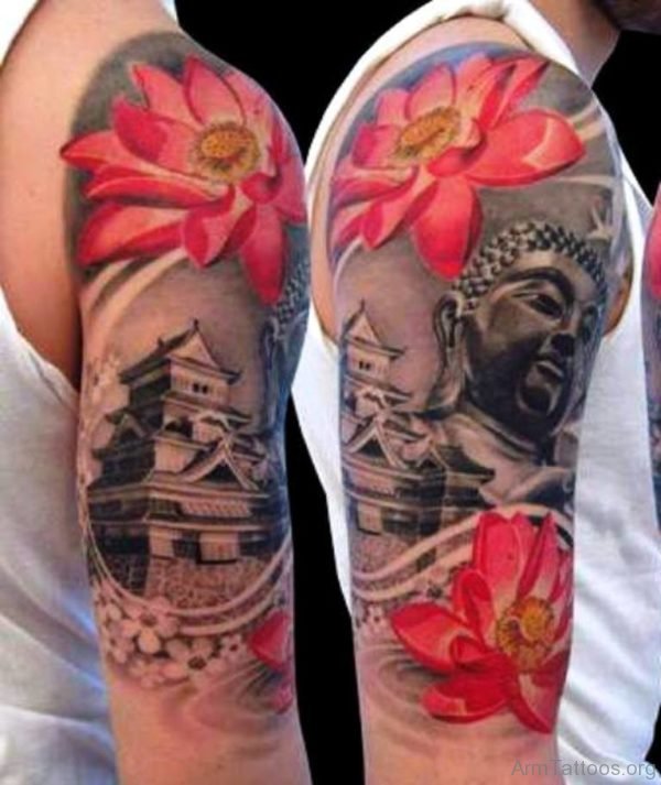 Buddha Tattoo With Red Flower Design 