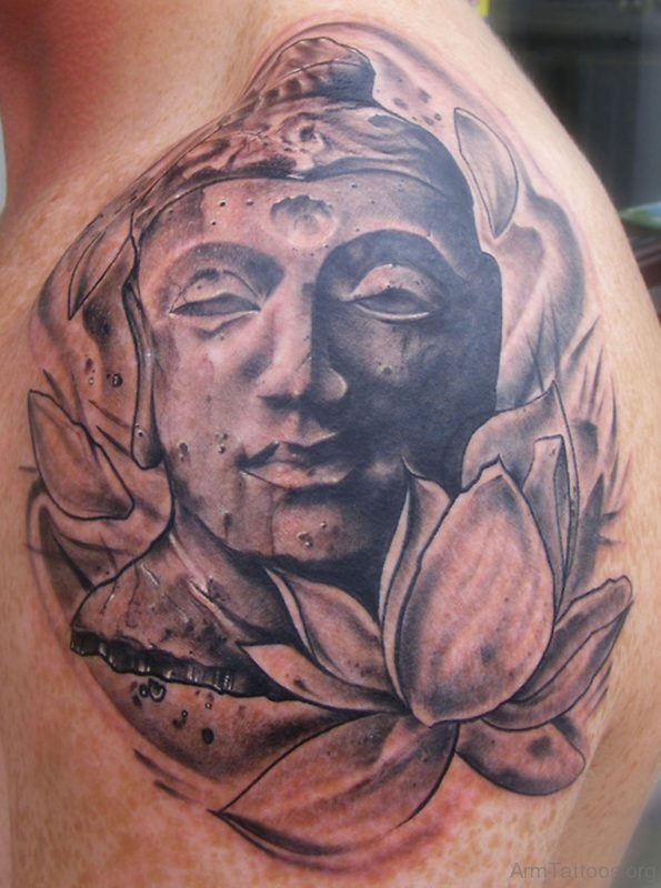Buddha With Lotus Tattoo On Shoulder